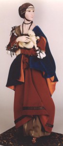 Inspired by Leonardo’s “Lady with an Ermine,” this doll’s costume had to be completed from imagination—and much research—as only the intricate knots and details of the upper portion appear in the portrait. Marta lived with a print of the painting for years before finally attempting to capture the lady (and ermine!) in the resin clay. Cecelia